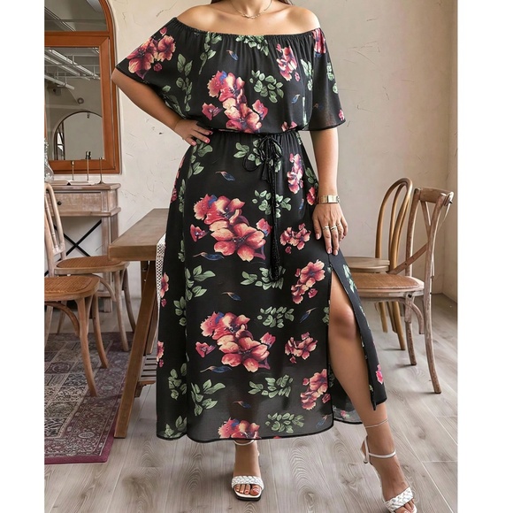 Plus Floral Print Off Shoulder Stretchy Waist Maxi Dress - Picture 1 of 5